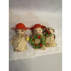 Franciscan Monk Set Of 3 Vintage Christmas Ornaments Paper Mache Red Hat